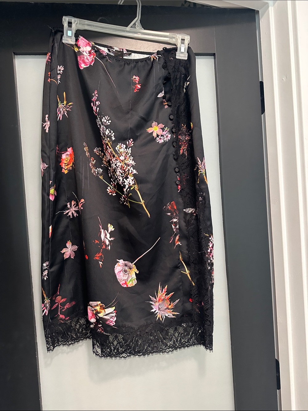 Victoria's Secret Black Floral Lace-Trim Midi Skirt with Pink Accents